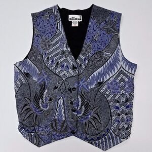 Vintage Effect! Blue Gray Batik Bird Print Cotton Vest Size S